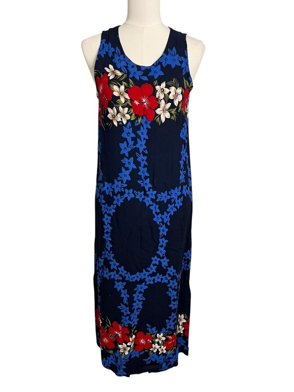 Hibiscus Collection Hawaii Maxi Sundress Womens M Blue Tropical Floral Hawaiian